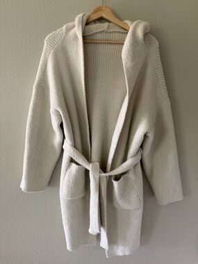 ComfyLuxe Cream Cozy Hooded Knit Belted Cardigan Sweater Robe Ultra Soft OS